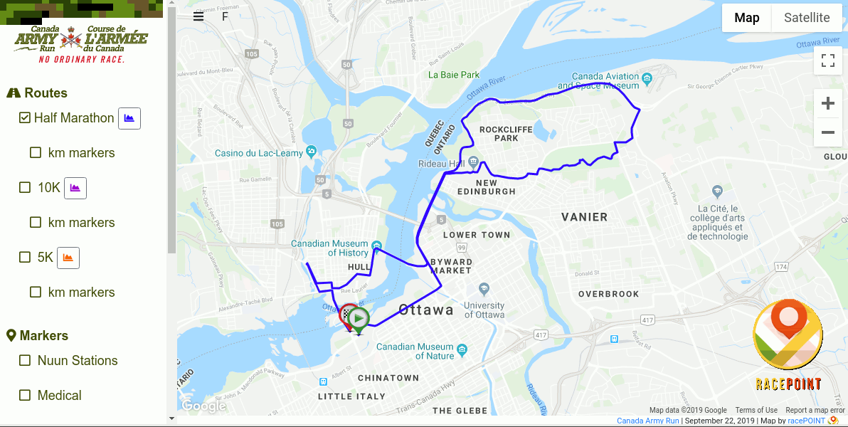 Map A 5k Route 2019 Canada Army Run - Racepoint Interactive Map